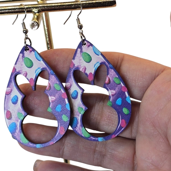 Wood Colorful Egg Print With Bunny Cutout Teardrop Earrings - Picture 4 of 5